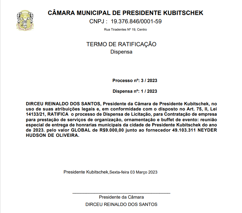 TERMO DE RATIFICAÇÃO / PROCESSO Nº 03 DISPENSA Nº 01